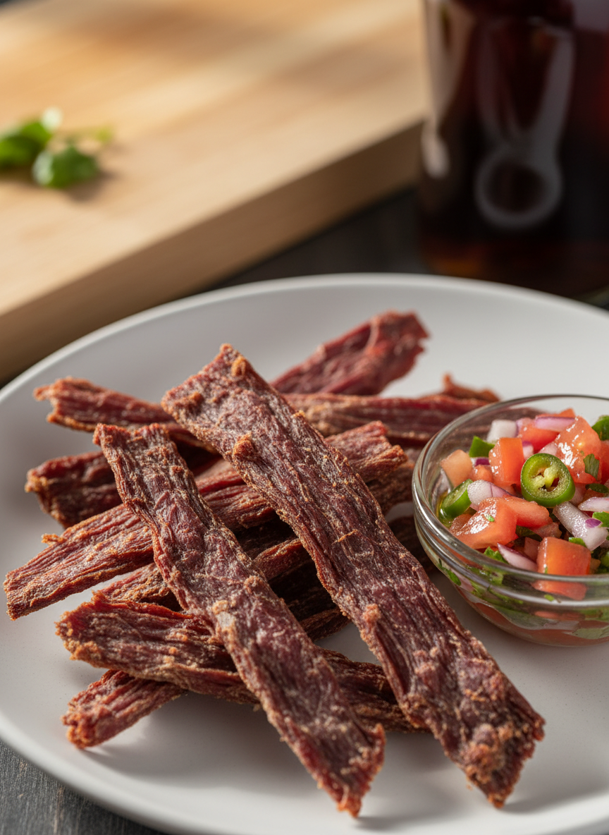 Un primer plano de charqui a la chilena dispuesto sobre un plato de loza blanca mate, con tiras delgadas de carne seca ligeramente dobladas, de color café rojizo y textura fibrosa muy definida. A un lado, un pequeño pocillo de pebre fresco con trozos visibles de tomate, cebolla morada, cilantro y ají verde, brillando por el aceite. El fondo muestra una tabla de madera clara y una botella de bebida oscura en suave desenfoque. Luz natural difusa de mediodía entra desde la izquierda, marcando sombras suaves y resaltando la textura del charqui. Estilo fotográfico realista, limpio y profesional, con encuadre cerrado y profundidad de campo muy corta.