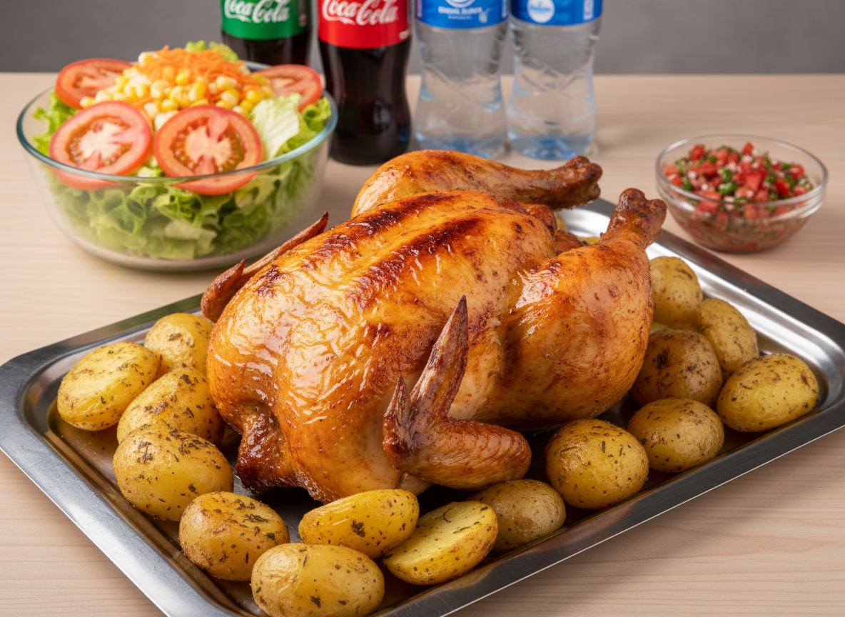 Un pollo entero dorado y crujiente, recién salido de la parrilla, colocado en el centro de una bandeja metálica brillante, con la piel burbujeada y jugosa. A su alrededor, papas asadas con hierbas, una ensaladera de vidrio con lechuga fresca, tomate, choclo y zanahoria rallada, más un pequeño pocillo de pebre chileno vibrante. Al fondo, botellas heladas de bebida y agua mineral sobre una barra de madera clara. Iluminación de estudio suave y uniforme, con toques cálidos que realzan los tonos dorados y verdes. Fotografía en plano ligeramente elevado, nítida y limpia, que transmite una atmósfera profesional, abundante y familiar.