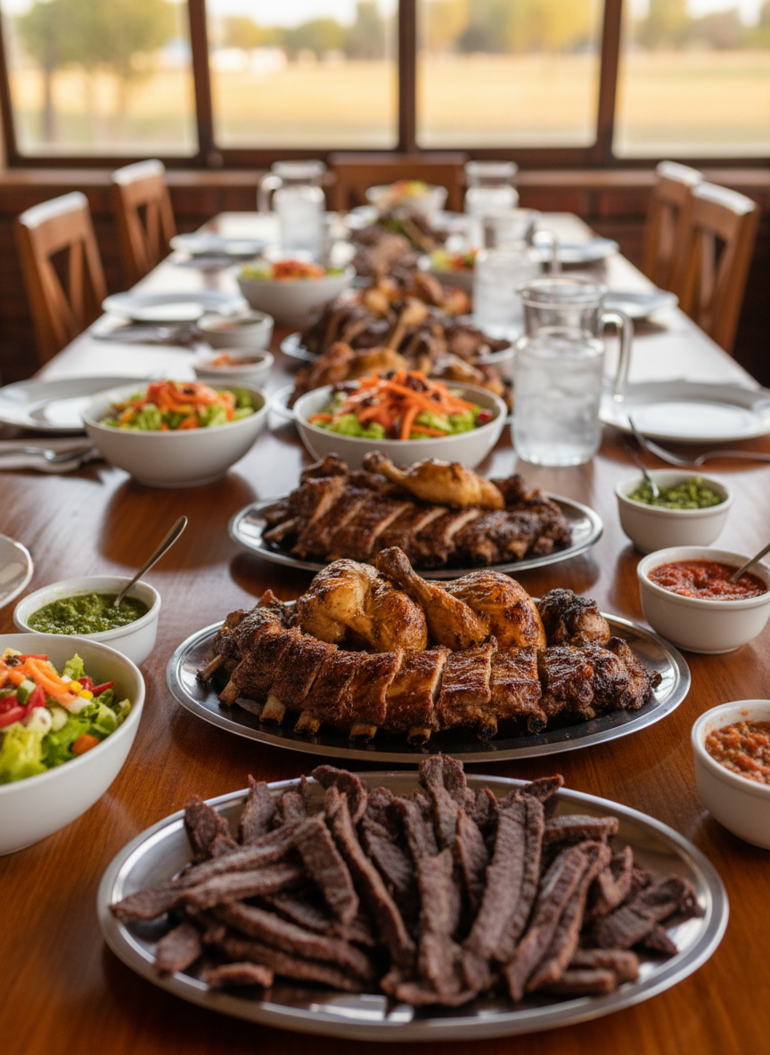 Una mesa larga de madera pulida preparada para un banquete de carnes asadas: fuentes de costillar trozado, cuartos de pollo jugoso, charqui a la chilena cortado en tiras delgadas y ligeramente rústicas, y varios pocillos de pebre de distintas intensidades de rojo y verde. Ensaladas coloridas en bowls de loza blanca completan la escena, junto a jarras transparentes con bebidas frías y gotas de condensación. La iluminación es cálida y envolvente, como en un quincho cerrado al atardecer, creando destellos sobre el metal de las fuentes. Composición amplia en fotografía realista, vista a nivel de mesa, con foco principal en el centro y bordes suavemente desenfocados para un ambiente festivo y ordenado.